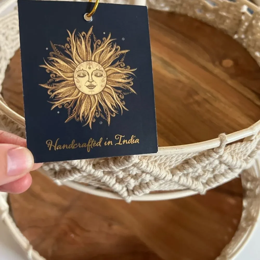 Two-Tier Wood and Macrame Tray, 16-inch Height, Macrame and Metal